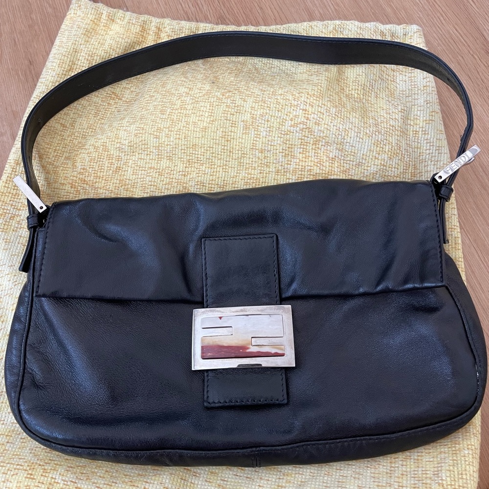 Fendi black leather baguette with marble logo